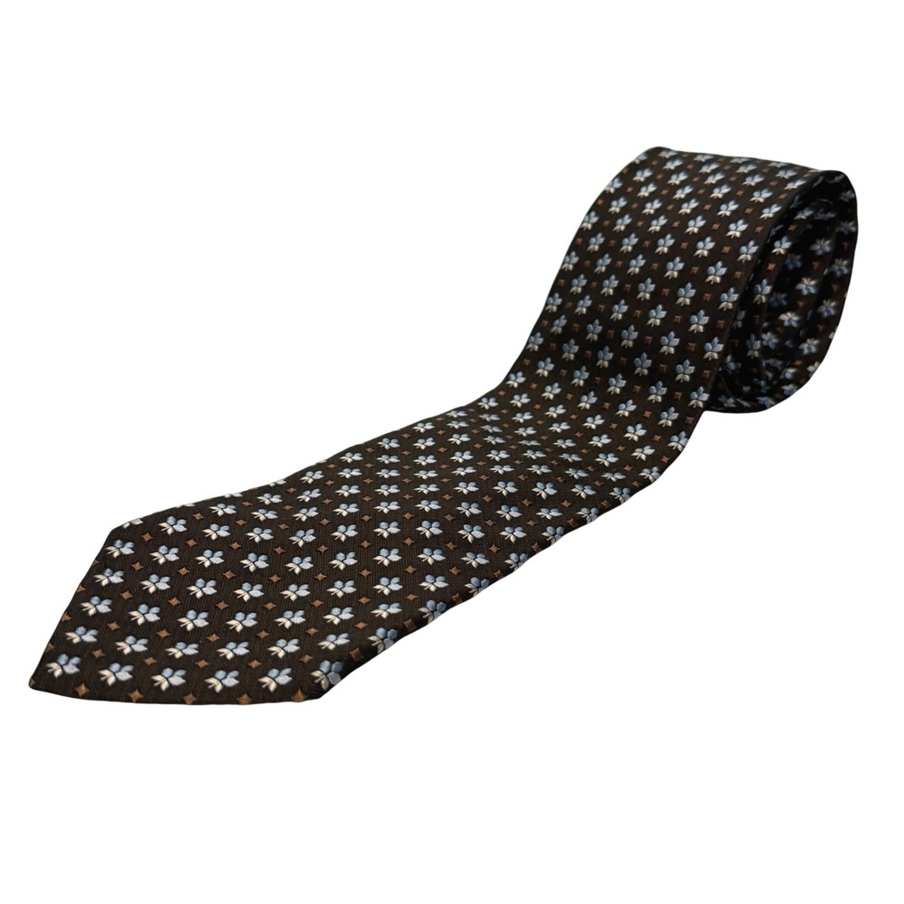 Ermenegildo Zegna Silk Tie Brown Blue Floral Geometric Made in Italy Necktie